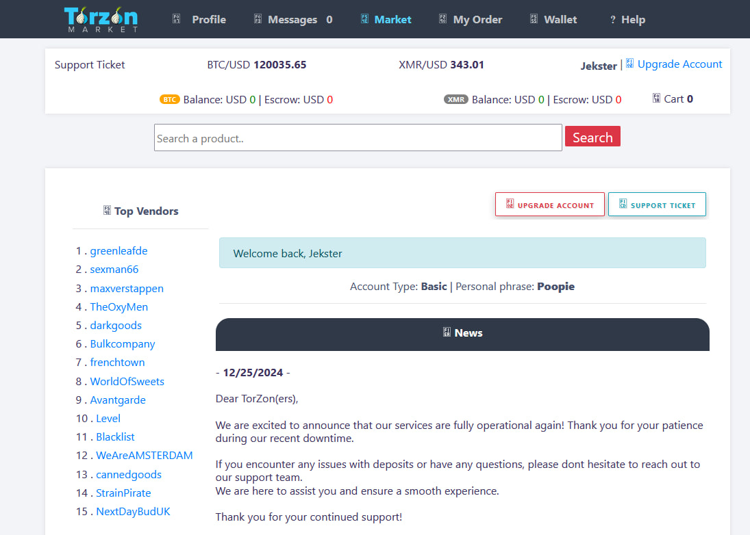 A futuristic digital interface showing the Torzon darknet market