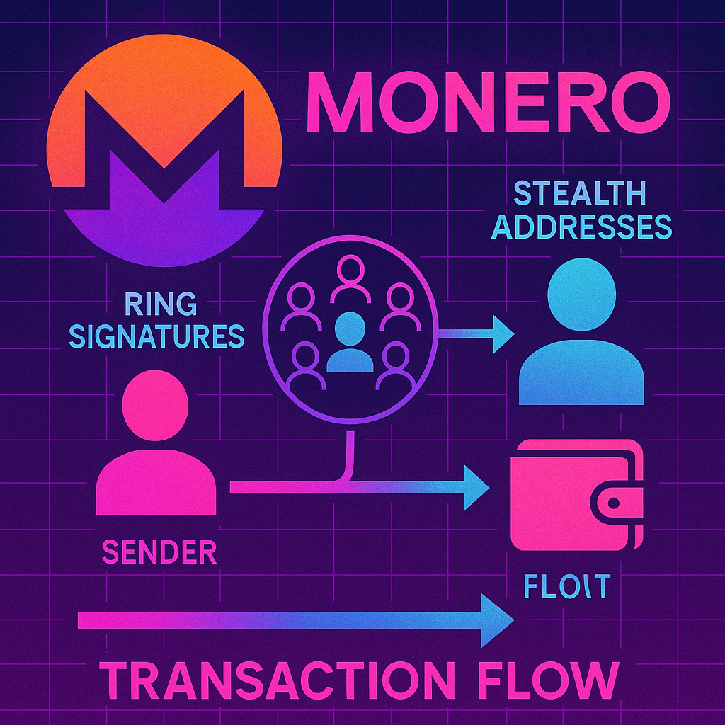 Stylized Monero logo and transaction flow diagram showing the privacy mechanisms of ring signatures and stealth addresses in a vaporwave aesthetic